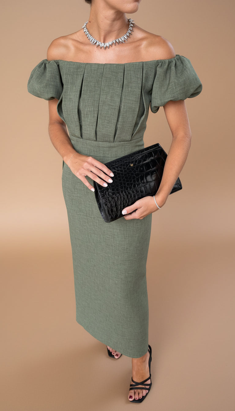 Angela | Eleganta midi kleita ar izteiktu vidukli un mūžīgu vakara stilu